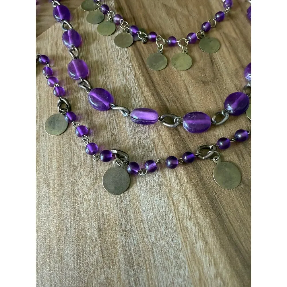 Vintage Multi-Layered Purple Beads Small Gold-Colored Disc & Chain Necklace